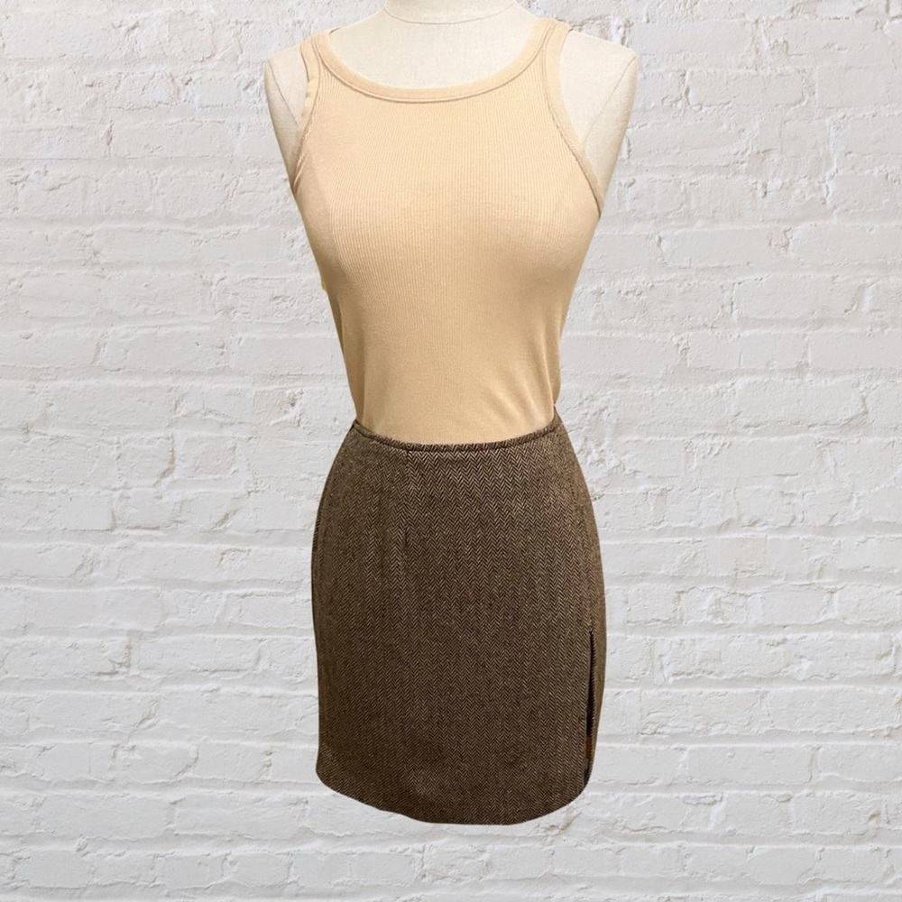 Chic Vintage Brown Herringbone Mini Skirt